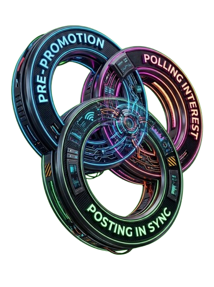 Three connected rings representing pre-promotion, polling interest, and synchronized posting