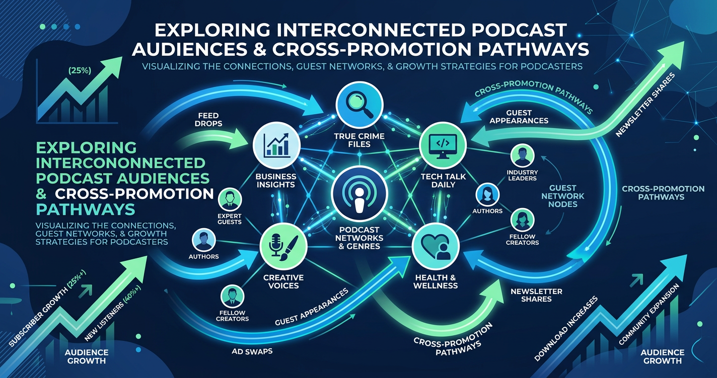 Data visualization of interconnected podcast audiences with cross-promotion pathways, showing guest network connections and audience growth through collaborative promotion strategies