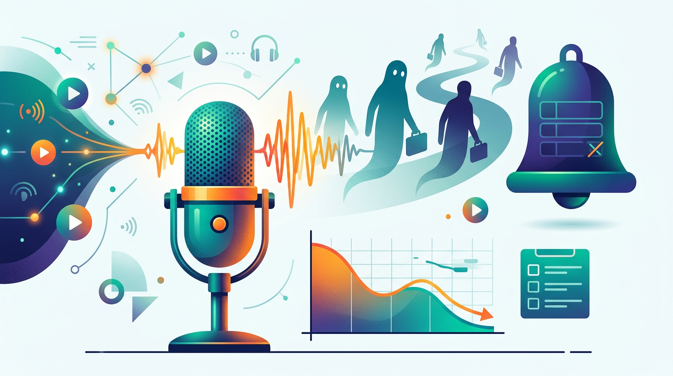 Infographic showing podcast guests going silent after an interview — fading sound waves becoming ghost silhouettes, a notification bell with no alerts, and a declining engagement chart