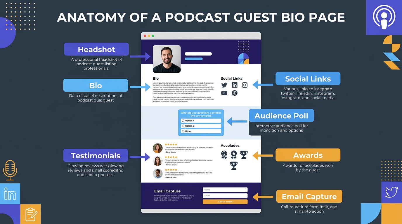 Does Your Guest Bio Page Make Guests Want to Share — or Shrug? — infographic illustration for podcast hosts