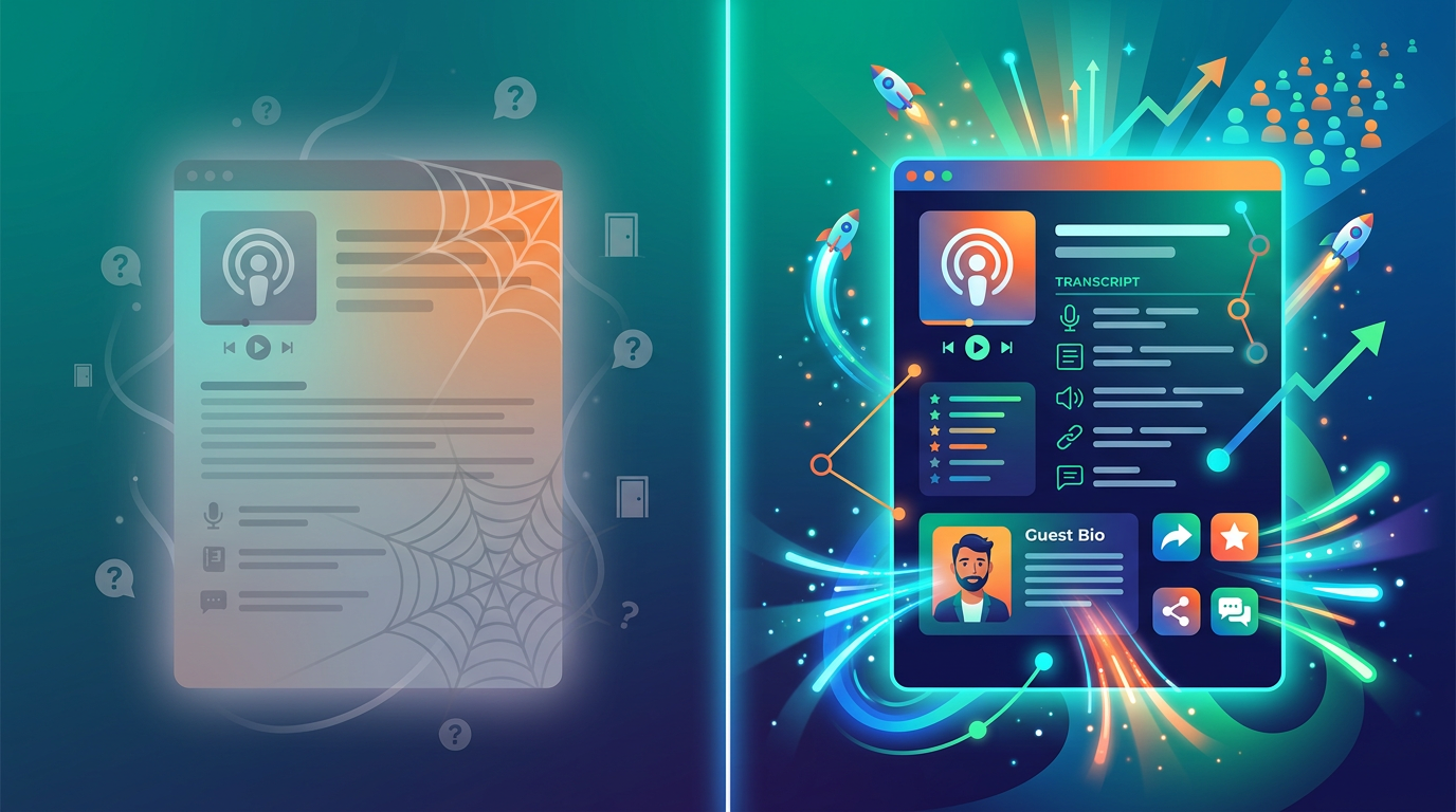 Split-screen showing thin podcast episode page vs. optimized episode page with transcript, guest bio, and sharing features; left side faded and invisible to search, right side glowing with SEO traffic and guest promotion.