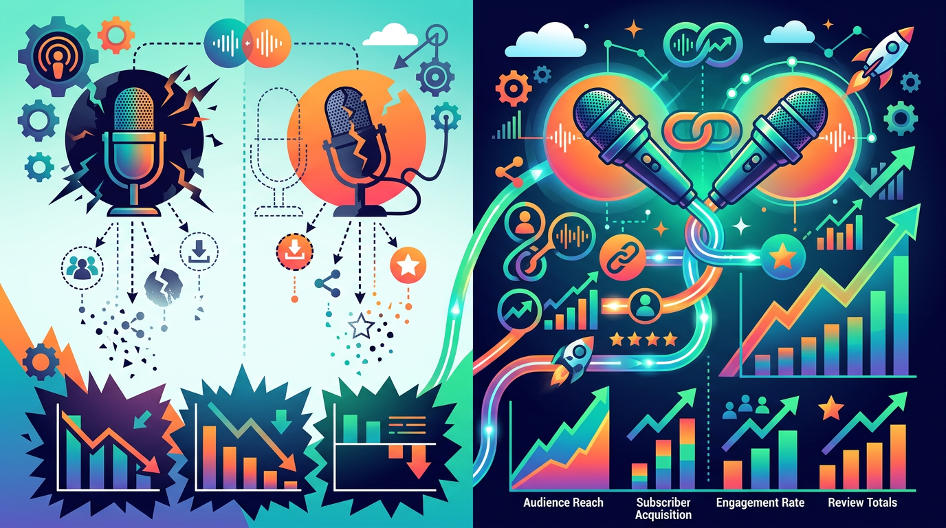 Visual comparison of failed vs. successful podcast cross-promotion partnerships, showing disconnected vs. connected microphones with data flow