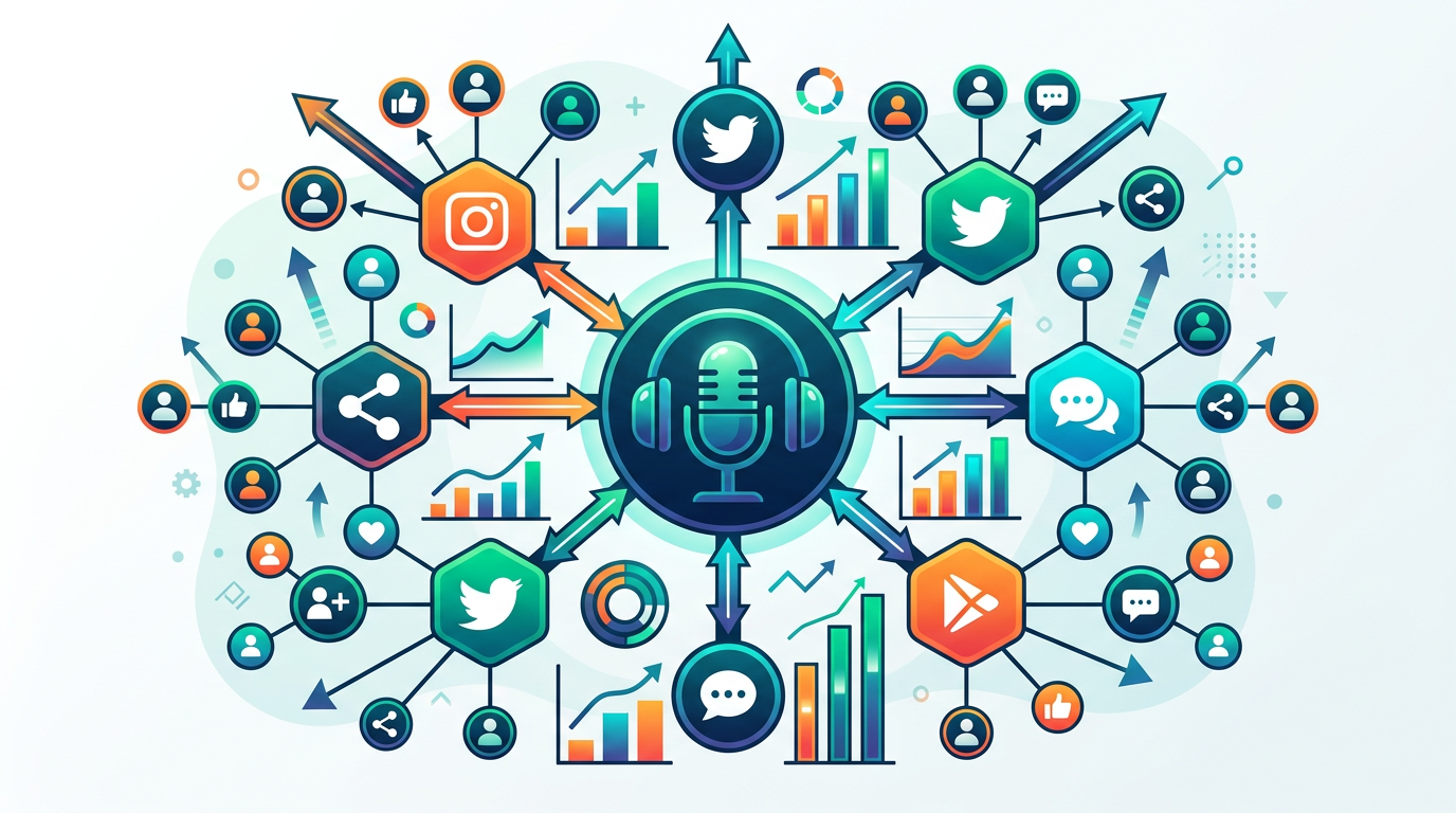 Network diagram showing a podcast episode radiating promotional connections to social media platforms with upward growth arrows, representing guest-driven audience expansion