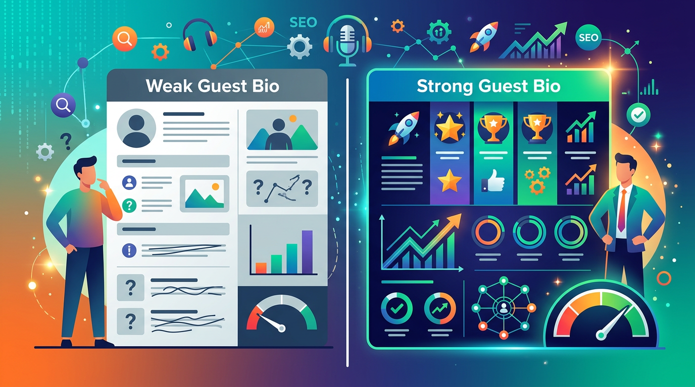 Before-and-after comparison of weak vs. strong podcast guest bios, showing how credibility improves with focused, professional bio design