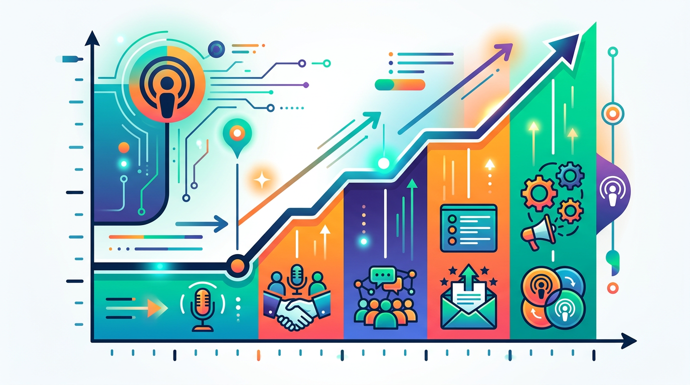 Graph showing podcast downloads growing from stalled 200 to 1000+ through strategic growth tactics with icons for guests, community, email, and cross-promotion