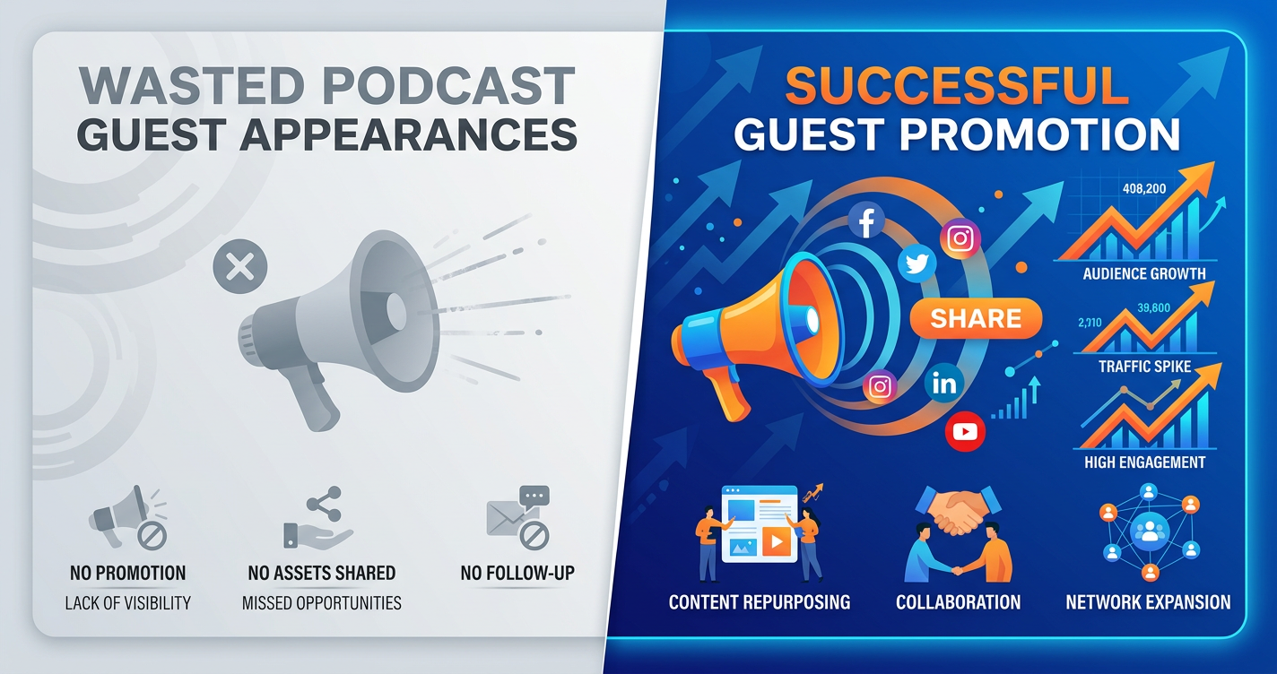 Split-screen comparison showing wasted podcast guest appearances on the left versus successful guest promotion with social media amplification and audience growth on the right, with colorful energy waves and growth indicators.